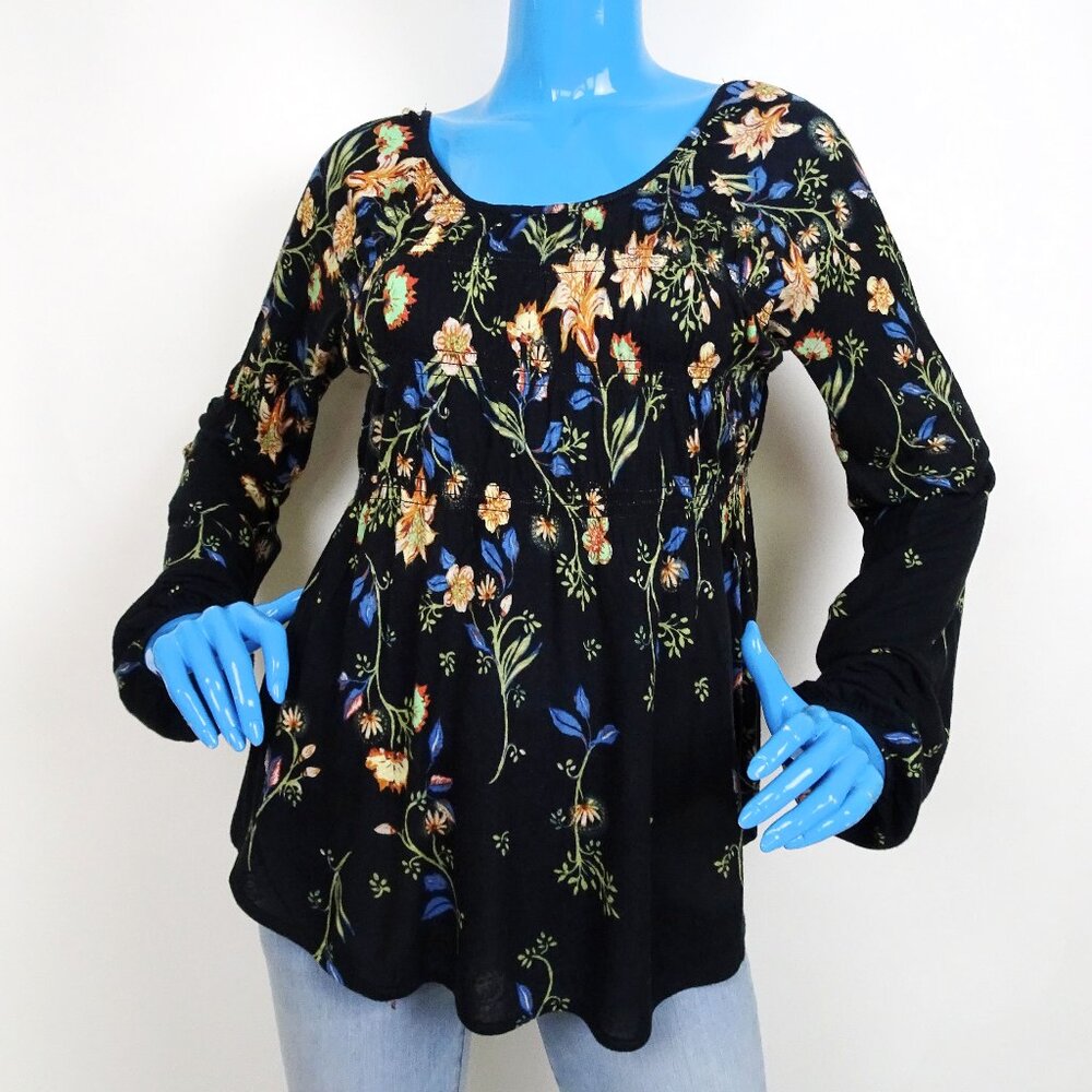 Free People Dahlia Floral Print Gathered Peasant Festival Blouse Top Tunic S 4 6